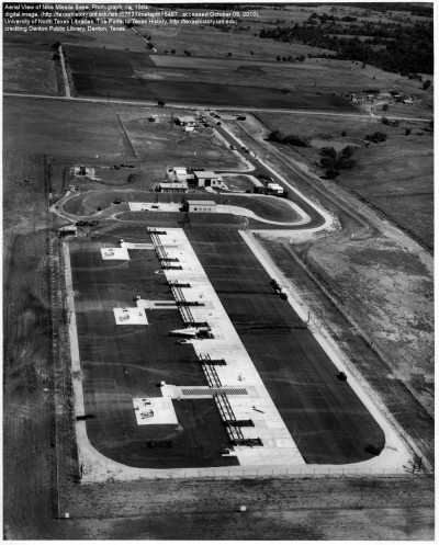 Aerial View of Nike Missile Base, Photograph, ca. 1964; digital image, (http://texashistory.unt.edu/ark:/67531/metapth15487 : accessed October 08, 2010), University of North Texas Libraries, The Portal to Texas History, http://texashistory.unt.edu; crediting Denton Public Library, Denton, Texas.